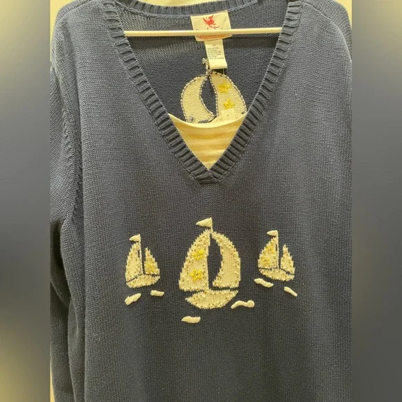 Navy Blue & Metallic Gold V-Neck Nautical Sweater w Sailboat Design  SZ: 2XL NWT - Picture 7 of 13
